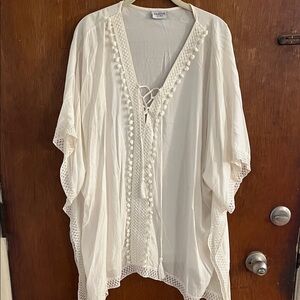 White Pom-Pom Trimmed Swim Coverup